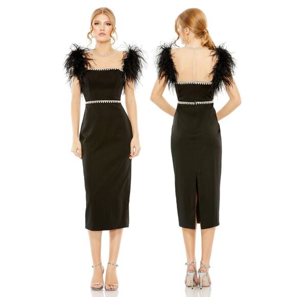 Mac Duggal 11438 Embellished Midi Sheath Dress Feather Cocktail Party Formal 4 - Picture 1 of 14